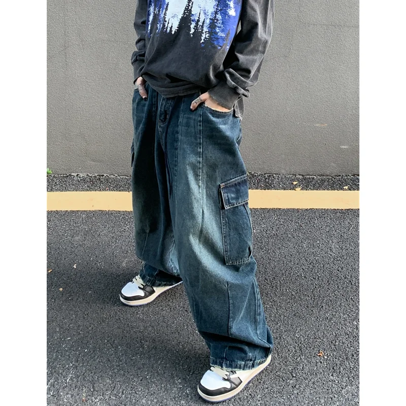 Men Clothing New Pattern Recreational Vintage Broad Leg Blue Jeans Straight Cylinder Big Pocket Loose Cargo Pants Autumn Female