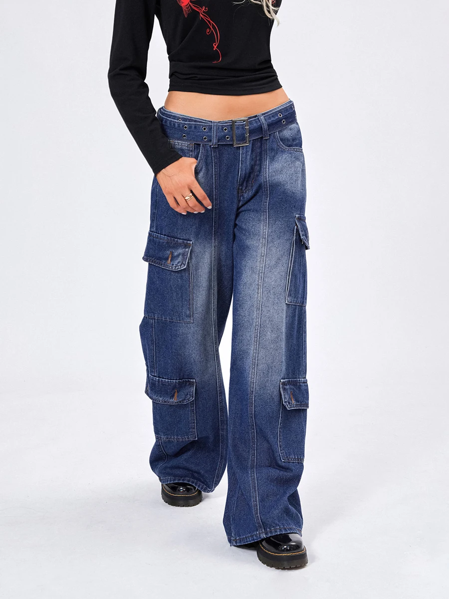 

Women High Waisted Wide Leg Denim Pants Y2K Patterned Baggy Flared Hem Jeans Stretch Bell Bottom Trousers