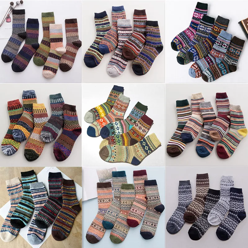 

5 Pairs of Wool Socks Women's Men's Medium Tube Socks Warm in Autumn And Winter Thickened Retro Korean Stripe Grid Wholesale