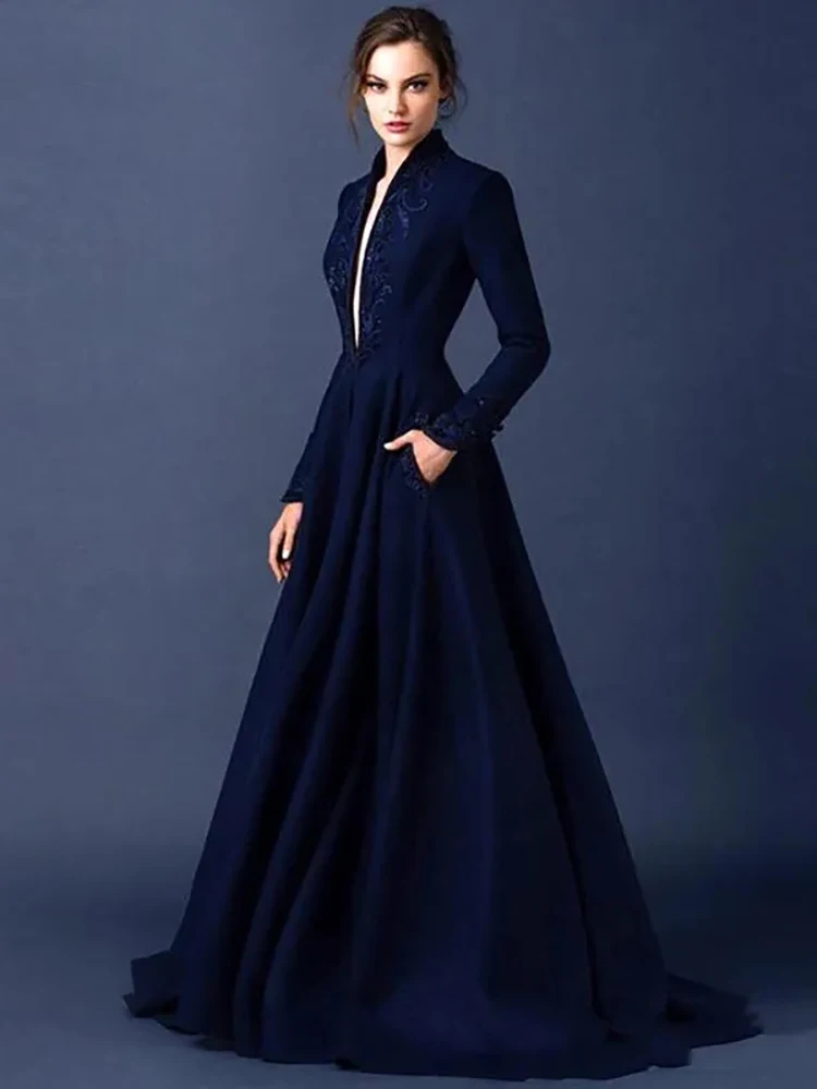 

Dark Blue Modest Long Sleeve Ruched Appliques Satin Formal Wedding Guest Evening Prom Dresses Cocktail Birthday