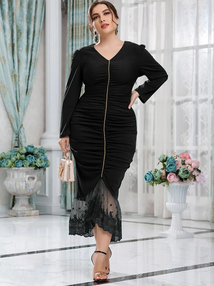 

Elegant Plus Size Dresses Women Fashion Pleated Splicing Slim Female Long Dresses Solid Color Casual V-neck Dresses Large Size