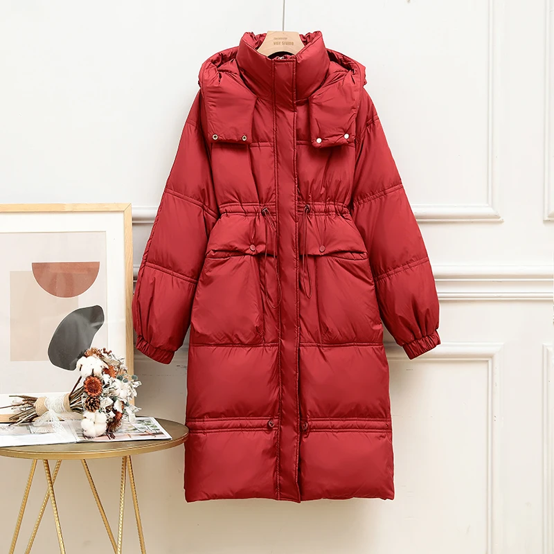 2022 Women's Winter New White Duck Down Mid-Length Coat Korean Version Loose Waist Hooded Down Jacket Clothes