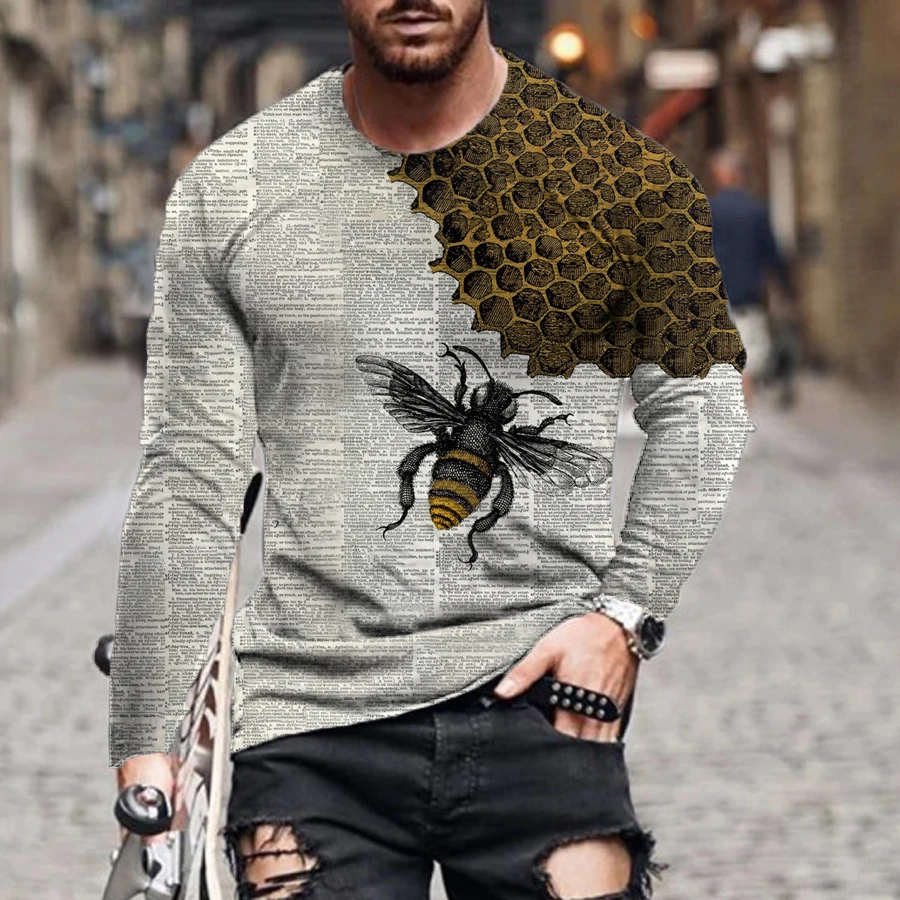

2023 New European and American Summer Hip-hop Men's 3D T-shirt New Cartoon Printing Bee Long-sleeved Casual Fashion Sports Tops