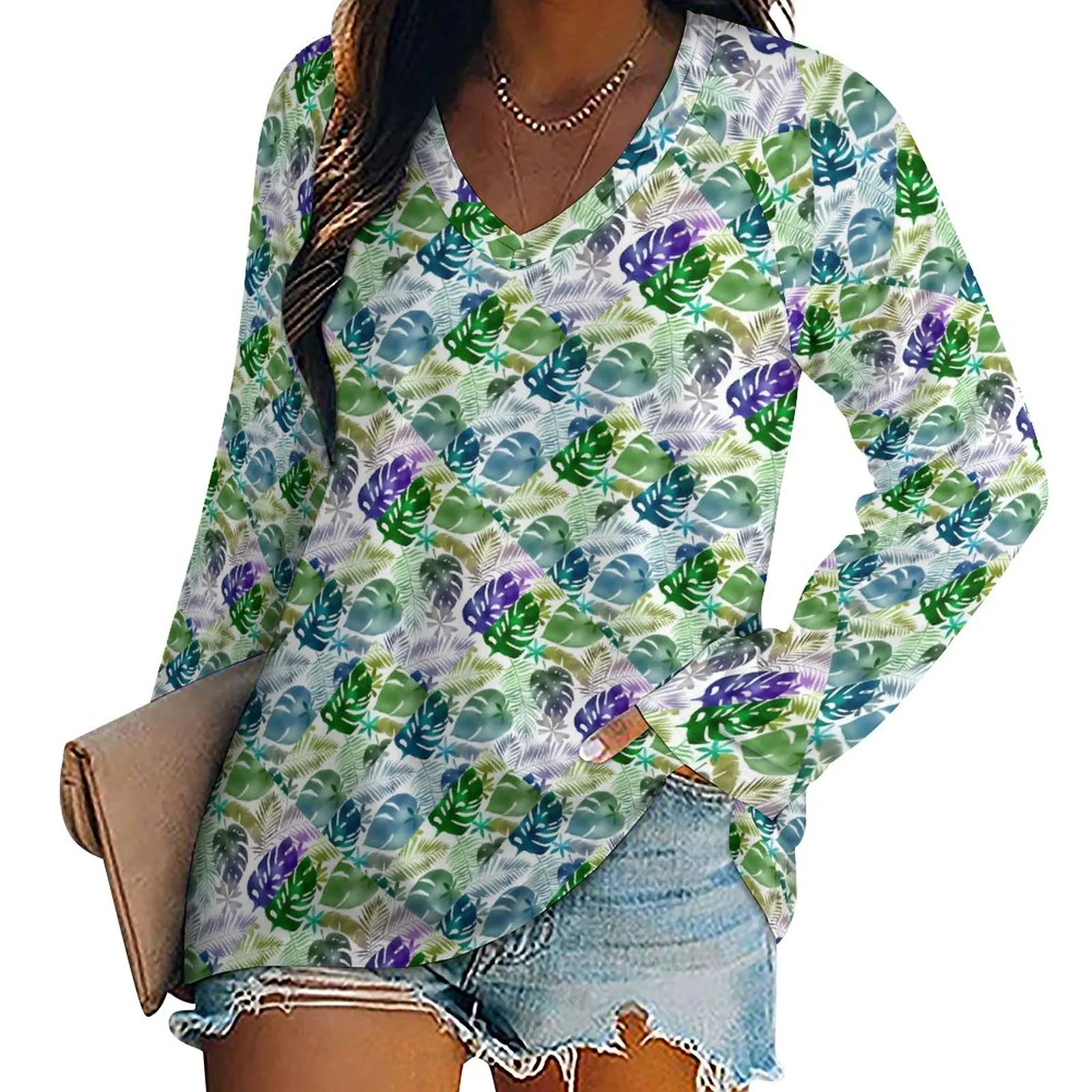 

Футболка женская оверсайз с длинным рукавом и V-образным вырезом