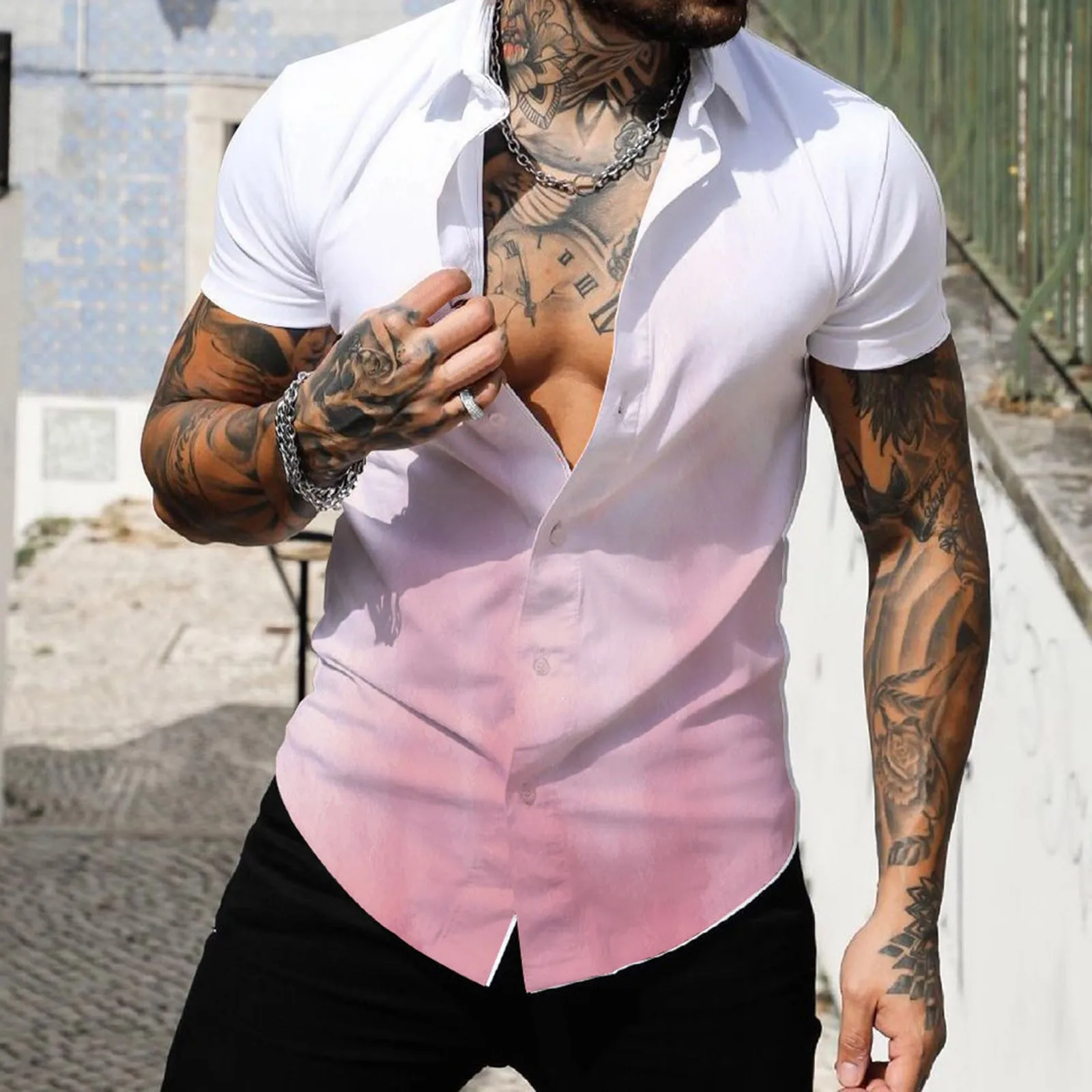 

Mens Clothing Men Spring Summer Single Breasted Casual Lapel Full Print Beach Short Sleeve Men's Striped Shirts