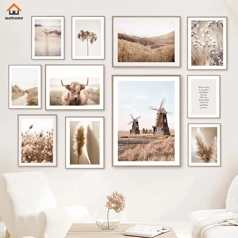 Бежевый одуванчик тростник пампасная трава постер корова природный пейзаж бохо