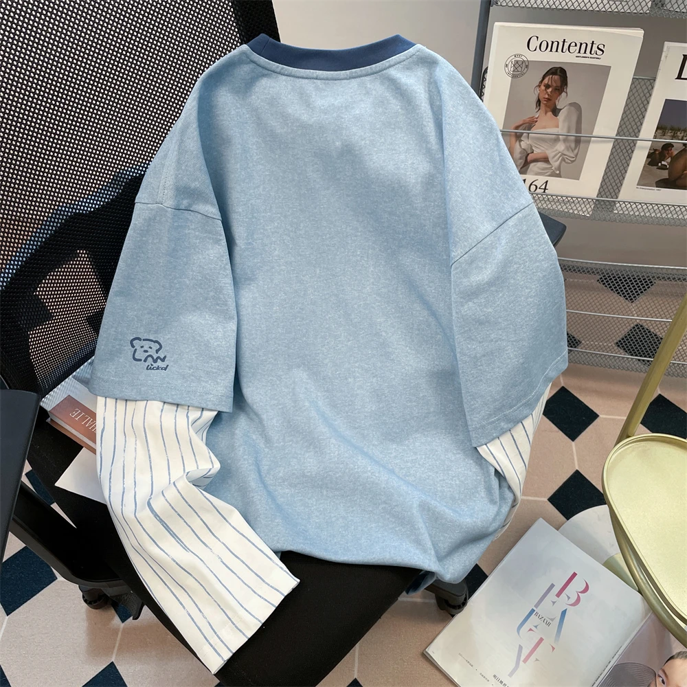 Japan fashion Applique Puppy Fake Two Pieces Long sleeves Shirt Women Autumn Chic Hong Kong Sle Retro Contrast Color Stripe...