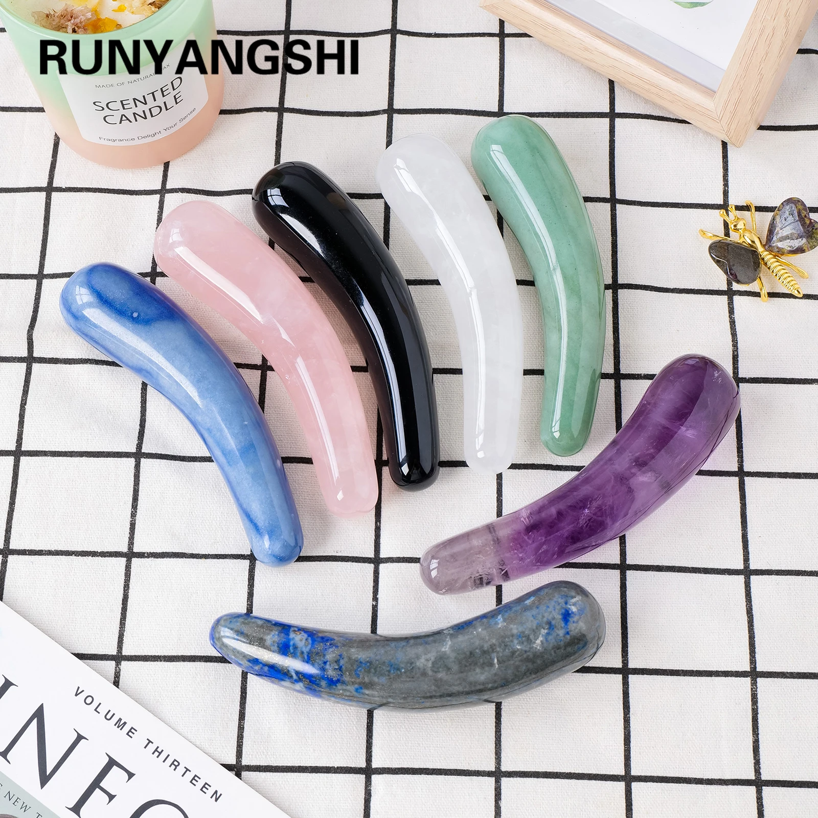 

1PC Natural Crystal Cow Horn Massage Stick Crystal Handicraft Acupoint Stick Muscle Pulling Stick Beauty Scraping Stick