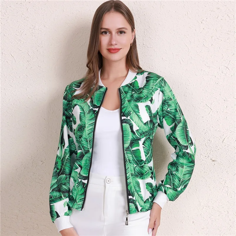 Женская Осенняя куртка на молнии с длинным рукавом и цветочным принтом