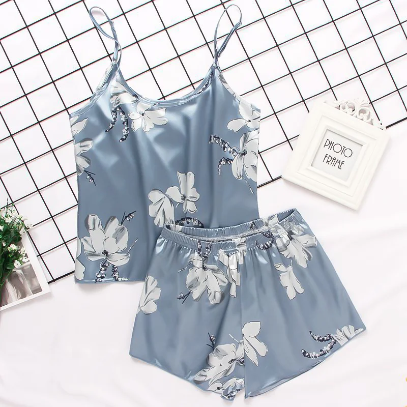 

Sexy Heart Print Pajama Set Women'S 2 Pieces Sleepwear Pyjamas Silk Satin Cami Top And Shorts Pajamas Summer Pajamas Set