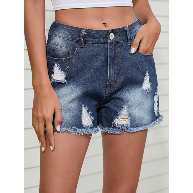 Denim Shorts 2023 Women's Tassel Shorts Washed Ripped Mid Waist Women's Denim Shorts Splicing