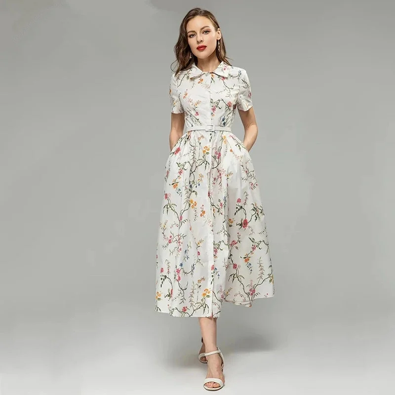 Summer Fashion Runway Designer Vintage Print Women's Turn-down Collar Covered Button Sashes Pockets Long Dresses