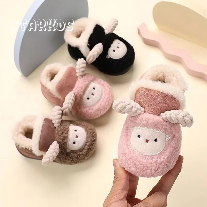 Kids Winter Home Shoes Boys Girls Cute Cartoon Animal Loafers Baby Warm Shearling Lined  Slip-on Boots Toddler Indoor Slippers