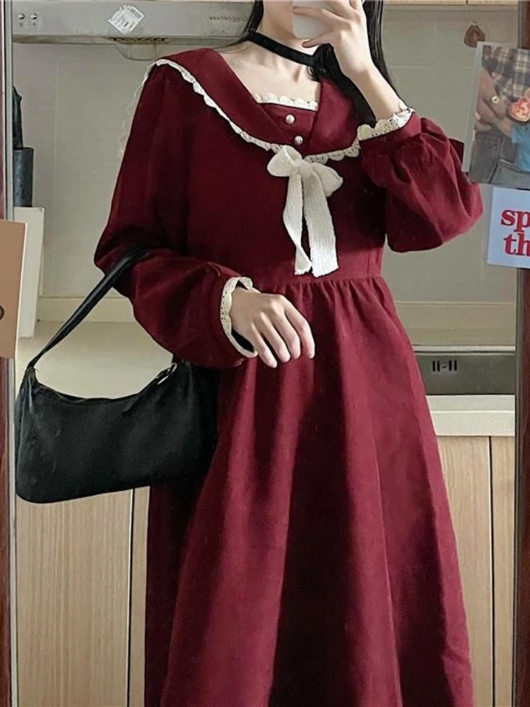 

QWEEK Vintage Preppy Style School Student Dress Red Japanese Harajuku Korean Kpop Sailor Collar Long Sleeve Dresses 2023 Autumn