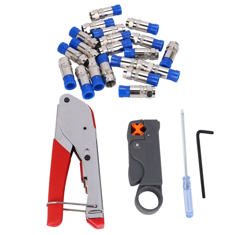 

Compression Tool Kit Rg59 Rg6 Coax Crimping Tool Double Blades Coaxial Cable Stripper With 20Pcs Blue F Connectors
