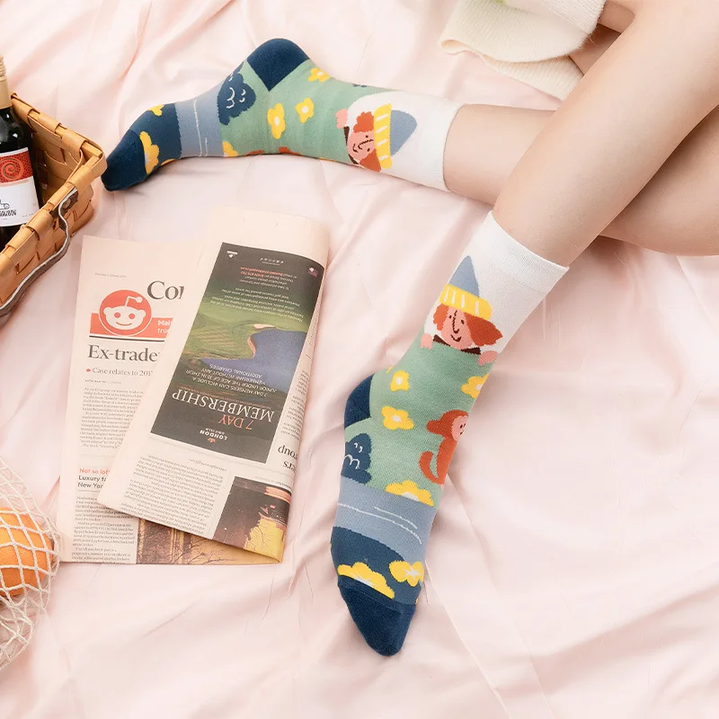 Men Women Socks  Cute Series Korean Harajuku Cartoon Funny Women Happy Cotton Cool Middle Tube Socks Boys Girls socks 5/Lot