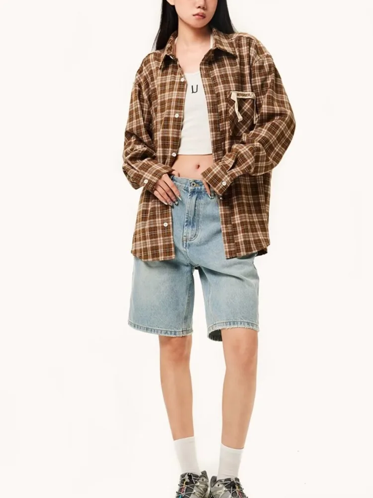 Женские рубашки в клетку с американскими карманами нишевой дизайн весна-осень