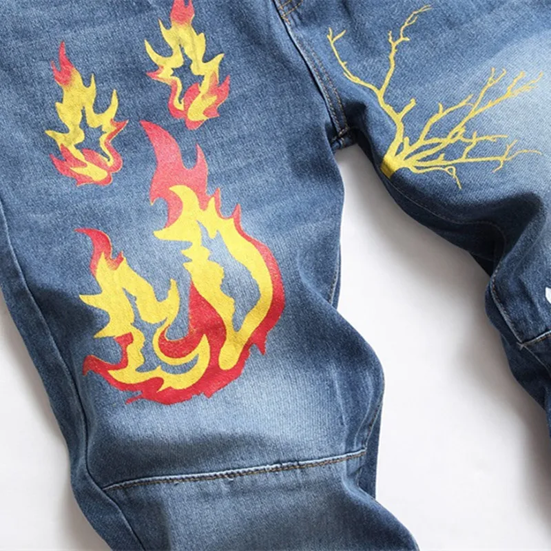2022 Chic Flame Print Retro Washed Men Hip Hop Jeans Trousers Vintage Stretch Women Slim Denim Pants New Fashion Pantalon Homme