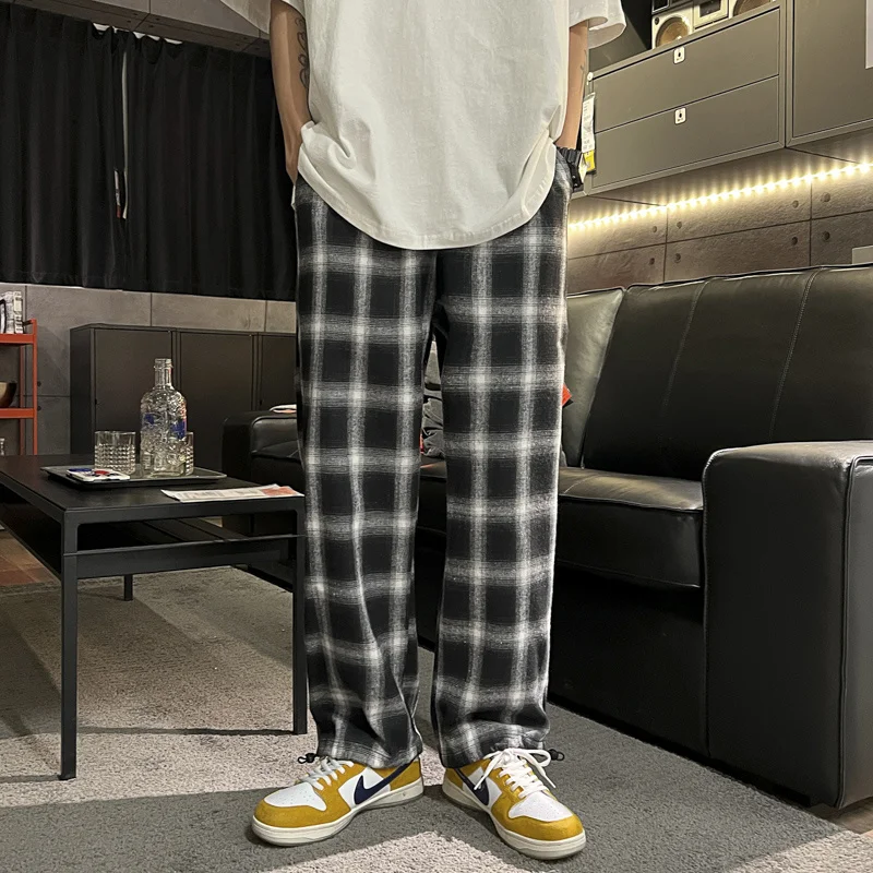 

Spring Summer Cotton Plaid Pants Men Fashion Retro Casual Pants Men Streetwear Loose Hip Hop Straight Pants Mens Trousers S-2XL