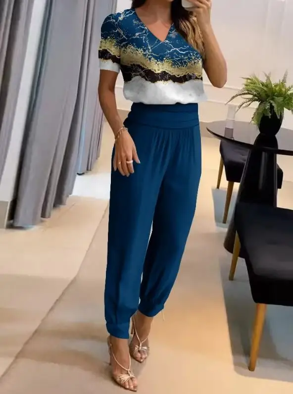 

Womens Two Piece Sets Outfit New Fashion 2023 Summer Casual Elegant Marble Print Top & High Waist Pants Set