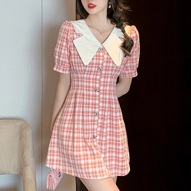 

Korean Version Doll Collar Single Row Button Comfortable Bubble Short Sleeve Summer Fashion High Waist Plaid A-Line Dress