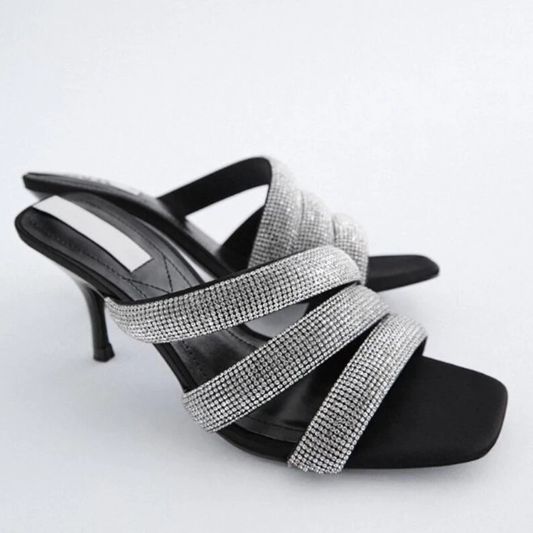 

Za Square Head Rhinestone Open Toe Back Empty Sandals Summer Sexy Black Shiny Chain High Heels Flat Stiletto Outer Wear Slippers