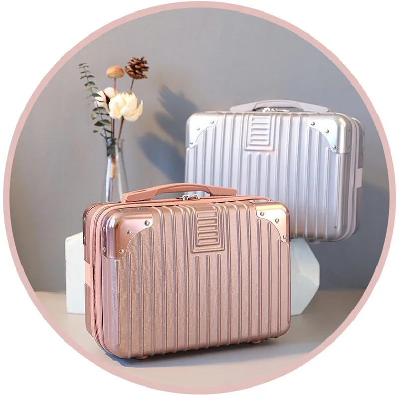 Portable Travel Handheld Luggage for Women Small 14 Inch Makeup Box Lightweight Travel Mini Simple Stripe Suitcase Cosmetic Case