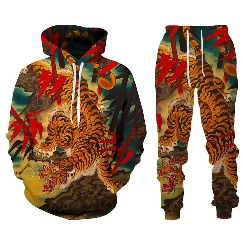 

2023 New animal tiger Hoodie 3D Printed Men's Tracksuit Sets Casual Hoodie Pants 2pcs Sets Sweatshirt Fashion Men Clothing