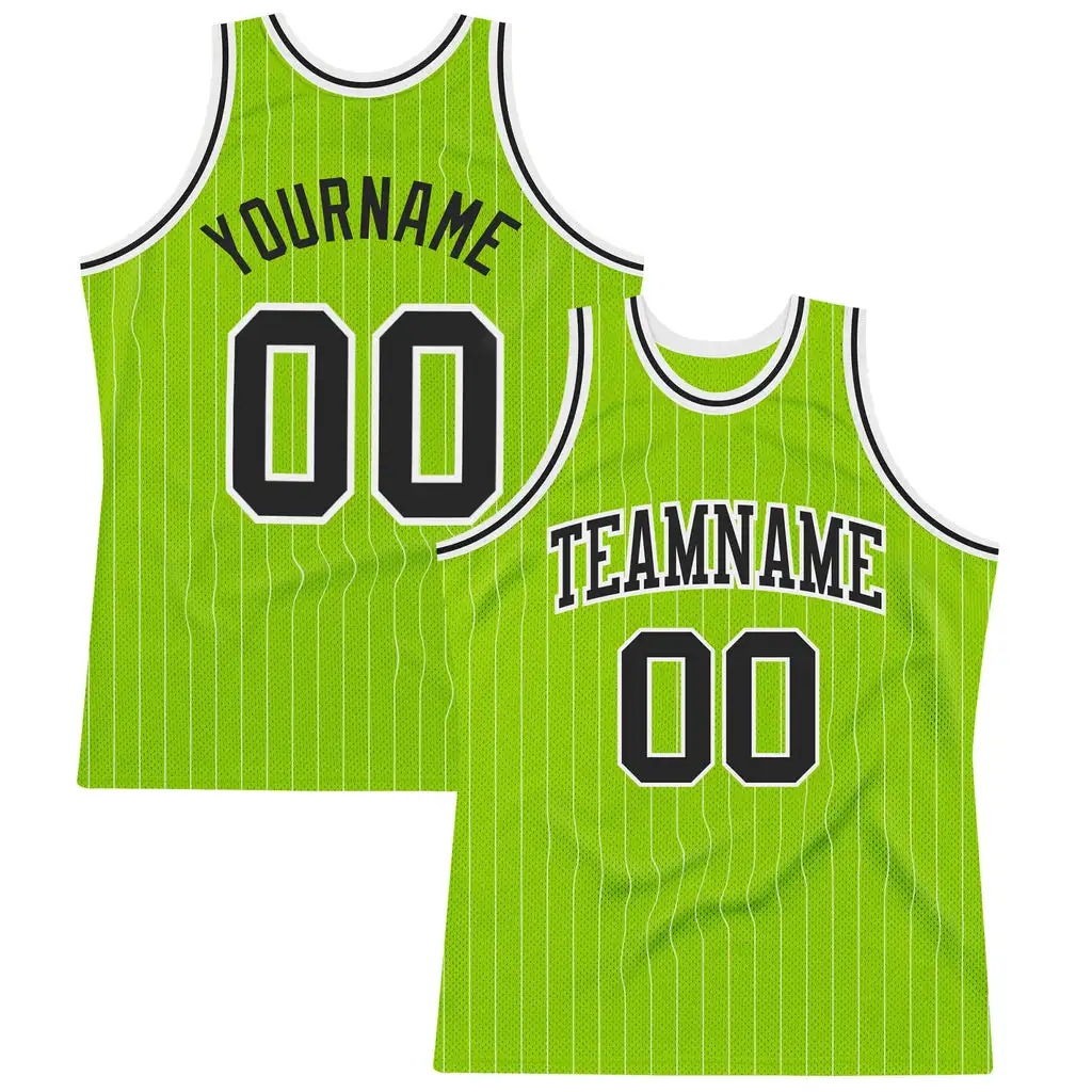 

Custom Neon Green White Pinstripe Black-White Authentic Design Basketball Shirt