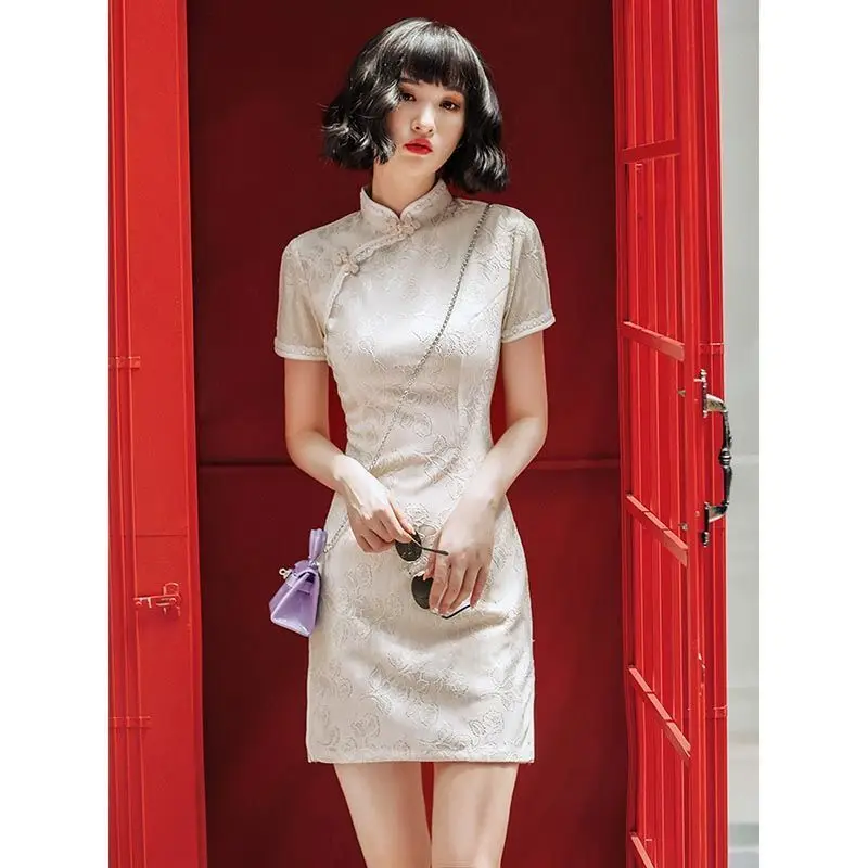 Платье-Ципао с коротким рукавом для молодых девушек белое современное короткое