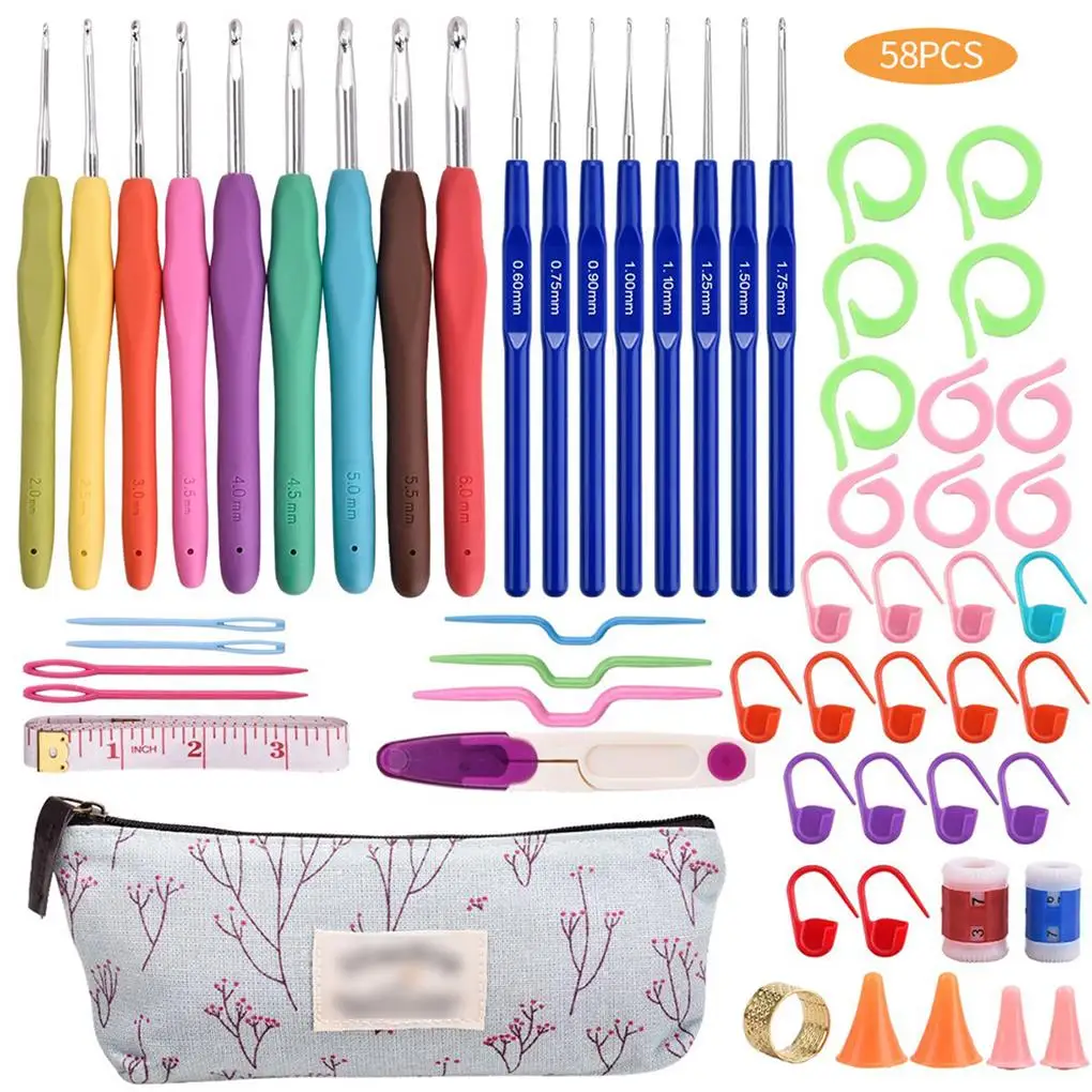 

58 шт. набор мягких ручек для вязания крючком, Эргономичная форма, очень удобные алюминиевые спицы, набор инструментов для вязания