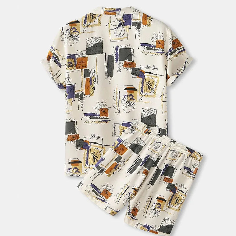 

Men's loose printed lapel short-sleeved suit short-sleeved shorts two-piece set