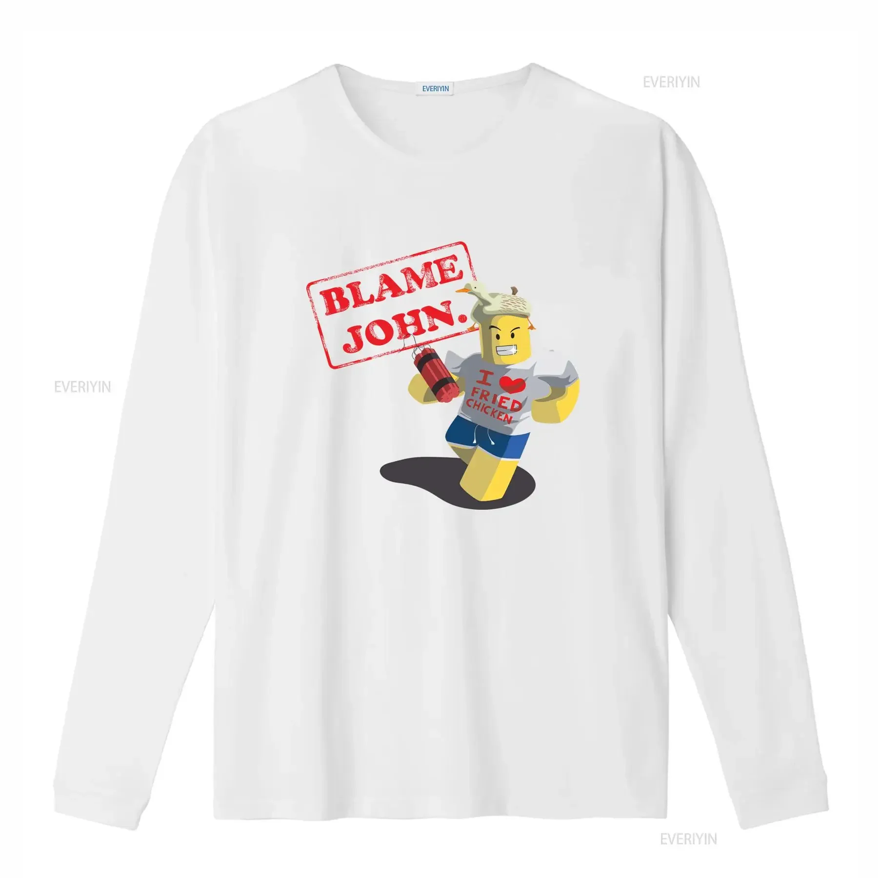 Фото Футболка Shedletsky Blame John с забавным принтом утки и дизайном «Я люблю жареную курицу» для повседневного ношения, винтажная, с эффектом потертости, универсальная, с графическим принтом №4