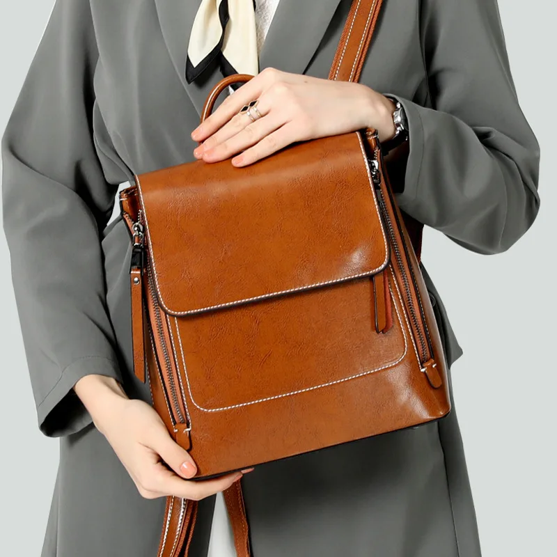 

The New 2022 Leather Handbag Euramerican Style Fashion Oil Wax Vintage Cowhide Women Backpack