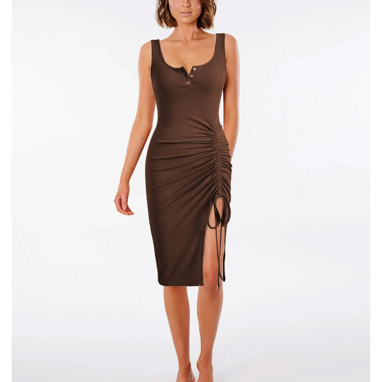 

Button Tank Ladies Drawstring Dresses Split Tight Sundress Drawstring Side Summer Casual Dress Bottom Dress Streetwear Sexy Midi