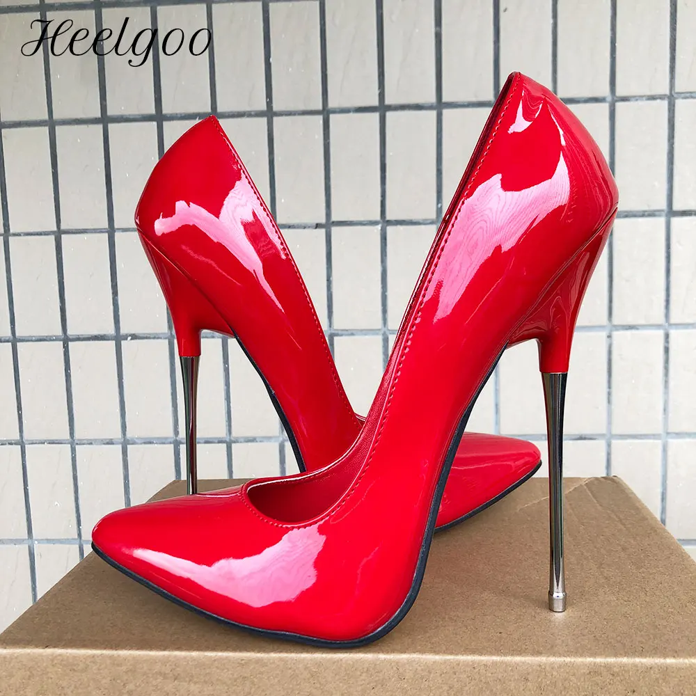 

Heelgoo Stable 16cm High Metal Heel Women Sexy Slip On Pointy Toe Stiletto Pumps Glossy Red Club Show Shoes Plus Size 35-46