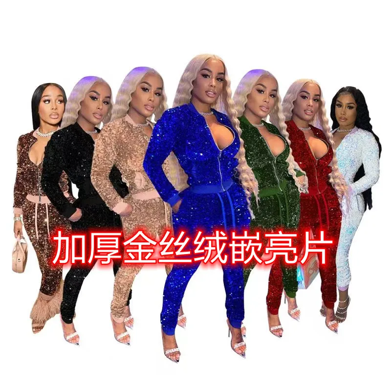 

Комплект из двух предметов, женские зимние теплые золотистые бархатные брюки с вышивкой и блестками, повседневные женские костюмы