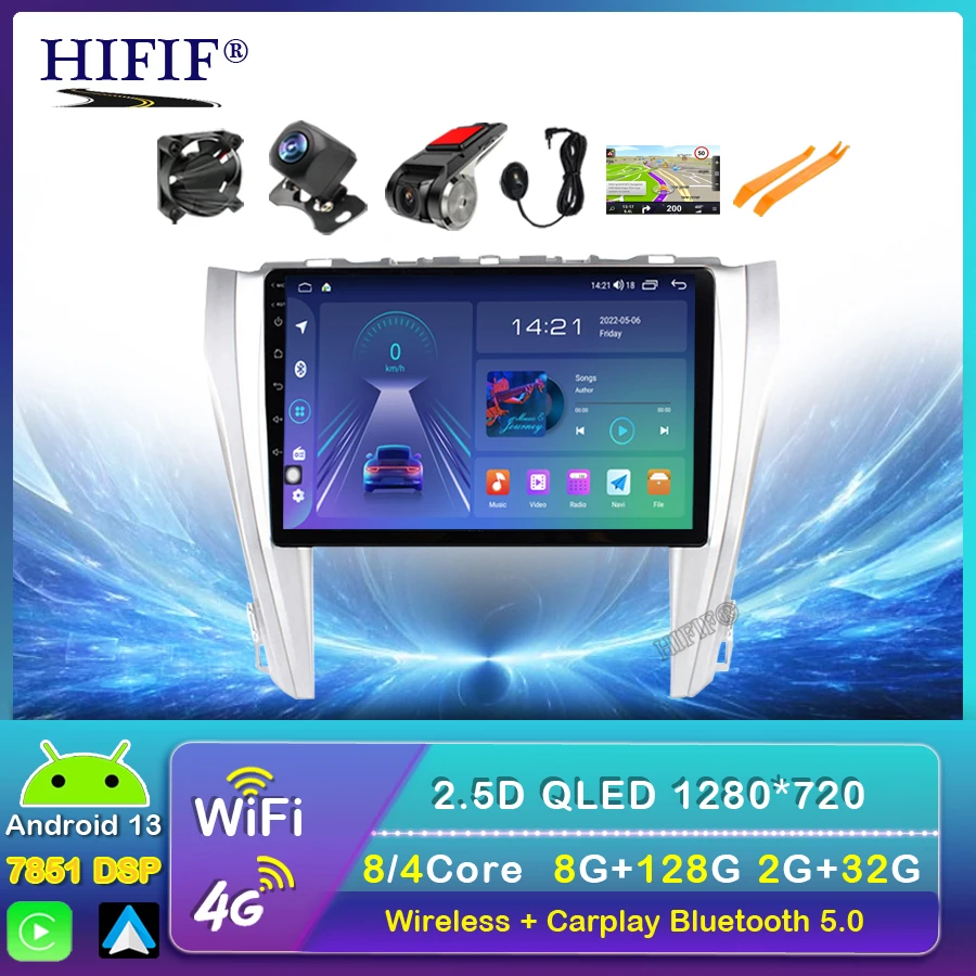 

Автомагнитола CarPlay, мультимедийный проигрыватель на Android 13, 4 Гб + 64 ГБ для Toyota Camry 8, 50, 55, 2014-2017, GPS, 2din, 2din, dvd