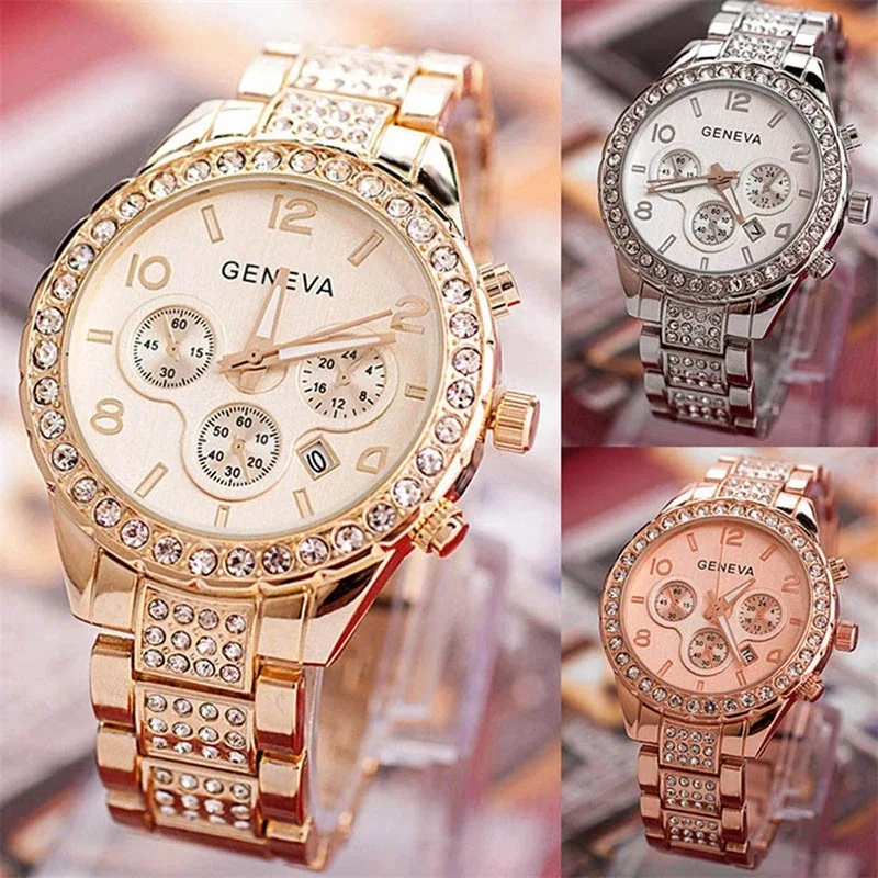 New Geneva Diamond-studded Steel Strap Fake Three-eye Calendar Watch Men's Business Casual Quartz Watch Relojes Para Hombre