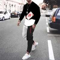 mens tracksuit poker print long sleeve t shirttrousers set 2 piece casual sweatpants male suit streetwear daily male clothing