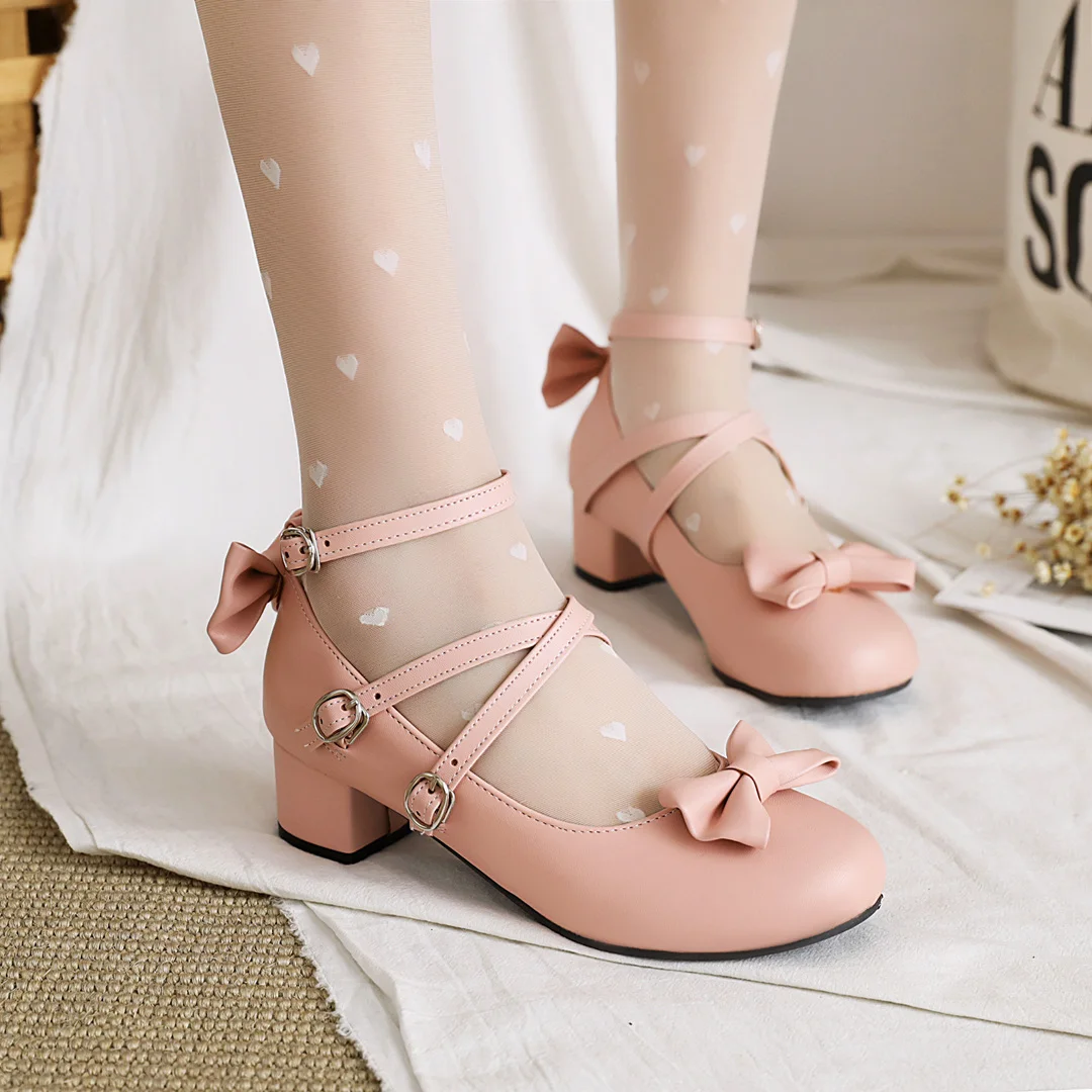 Big Feet Plus Size Women Round Toe Lolita Princess Party Shoes Ankle Strap Med Heel Leather Cosplay Pumps Sweet Bowtie Jk Black