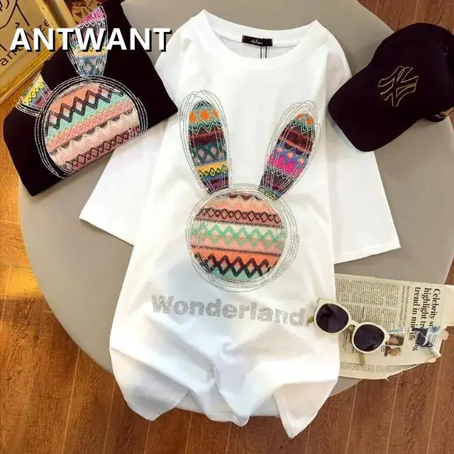 

2022 Women's New 100% Cotton Heavy Embroidery Hot Drilling Embroidered Niche Design T-shirt Female Ins Summer Tops