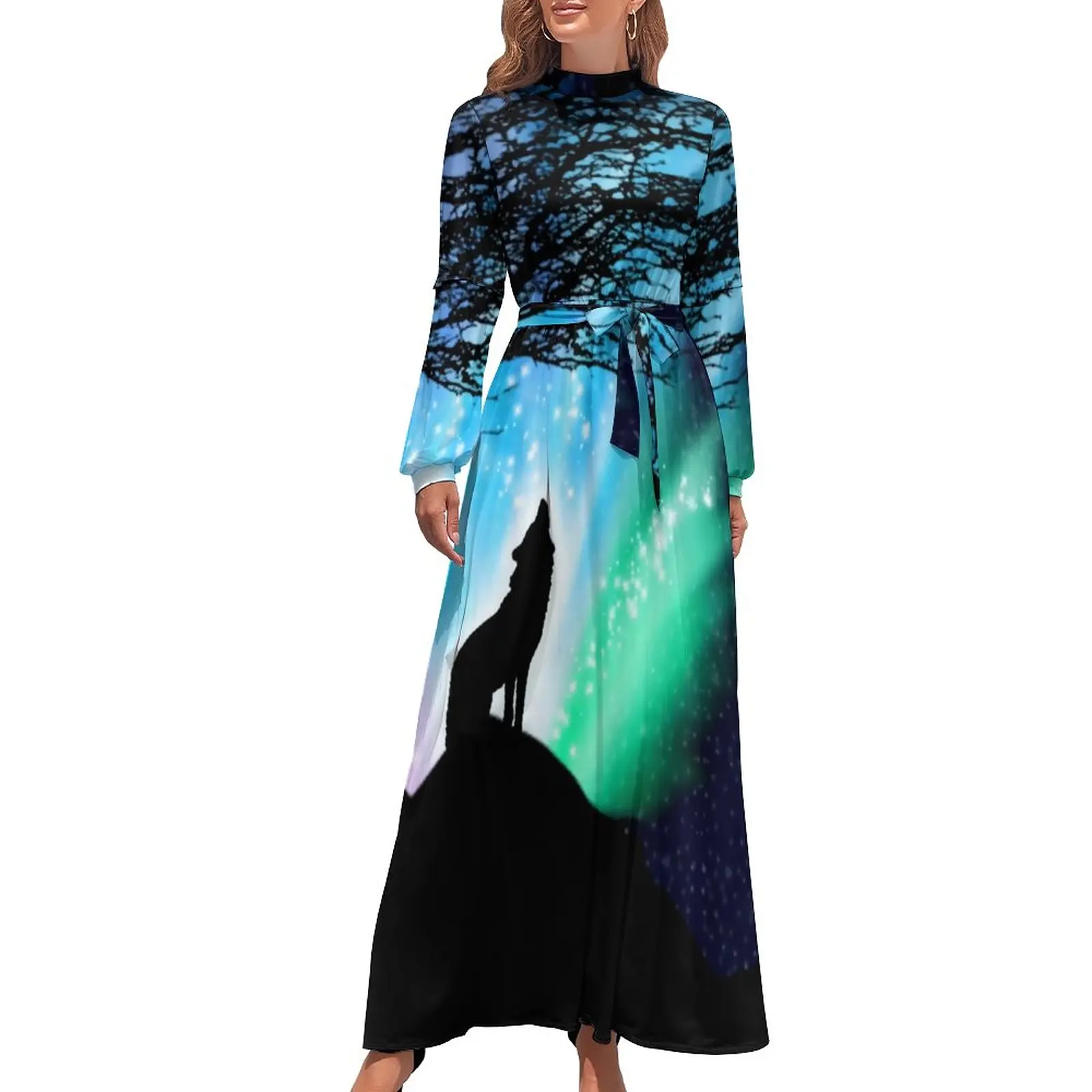 

Wild Wolf Dress Northern Lights Elegant Design Maxi Dress High Waist Long-Sleeve Street Fashion Bohemia Long Dresses