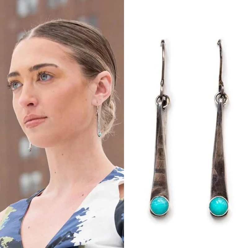 

Bohemian Long Rod Turquoises Drop Earrings Simple Silver Color Round Natural Blue Stone Hook Dangle Earrings Jewelry