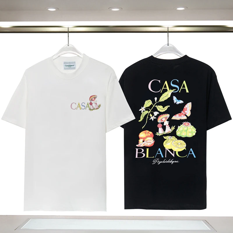 

23ss New CASABLANCA T-shirts Colorful Mushroom Butterfly Cactus Letter Print Short Sleeve 3XL Cotton Loose Tshirt for Men Women