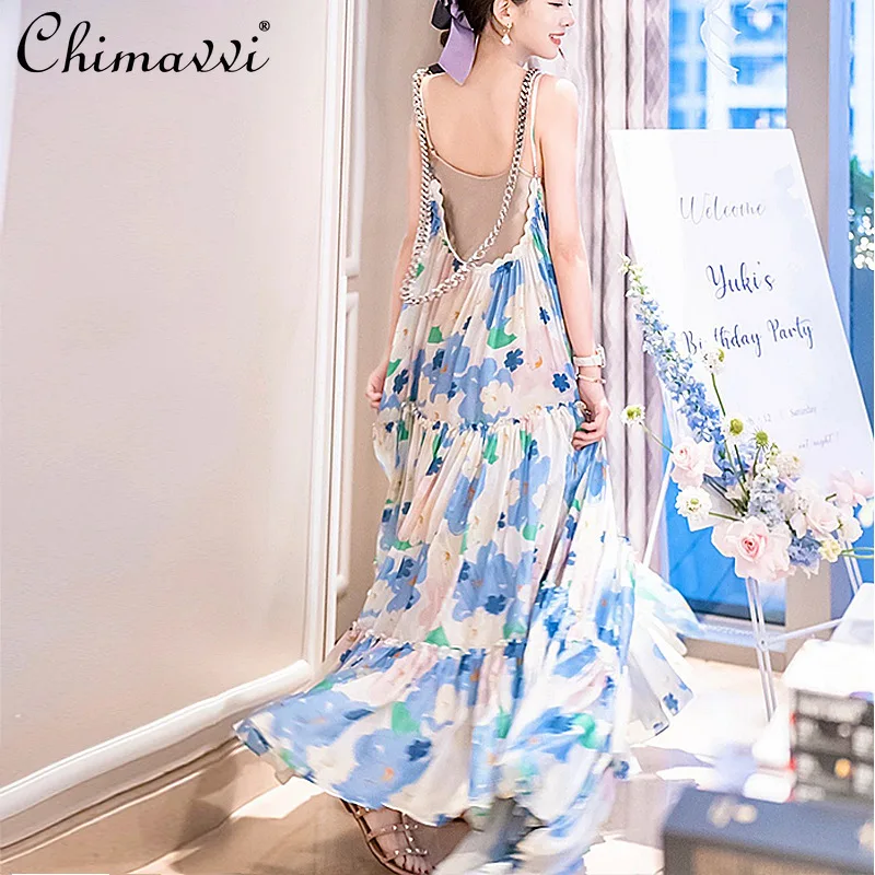 

2022 Summer New Ladies Fashion Chiffon Printed Backless Vacation Long Dress Women Fairy Sweet Fresh Suspender Floor-length Dress