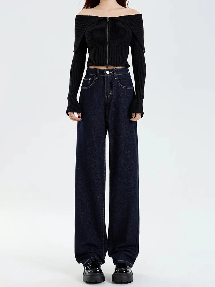 Idolera Dark Blue Narrow Wide Leg Jeans Women Autumn and Winter 2024 New Retro Slimming High Waist Straight Pants