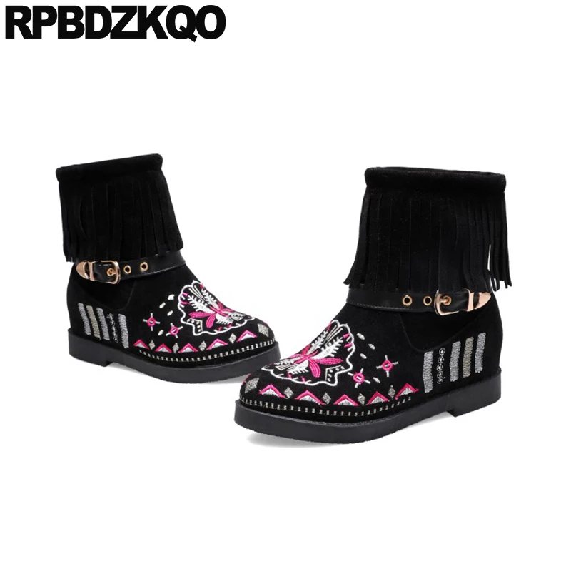 Плюс размер бахрома больших размеров ремни вышивка замша женские ботильоны 2021