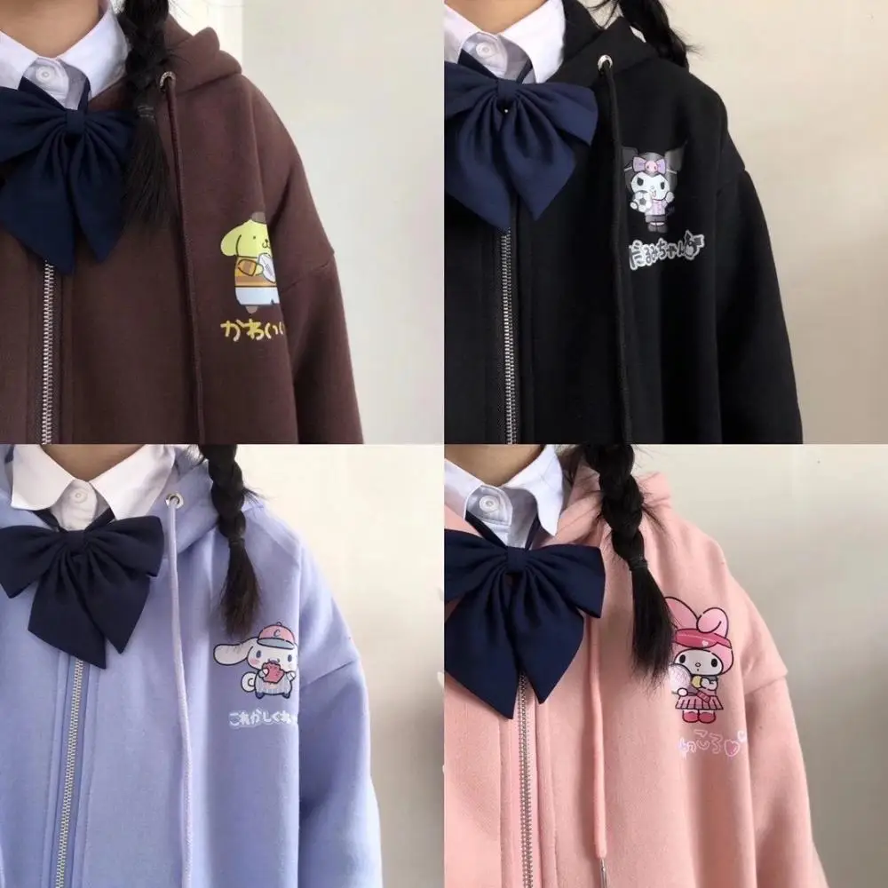 

Kawaii Kuromi Cinnamoroll My Melody помпон пурин Sanrioed одежда пальто мультфильм милый аниме свитер с капюшоном Jk куртка подарок для девочек