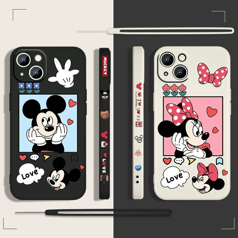 

Mickey and Minnie Mouse Phone Case For Apple iPhone 14 13 12 Mini 11 Pro XS MAX XR X 8 7 6S SE Plus Liquid Left Rope Coque Cover